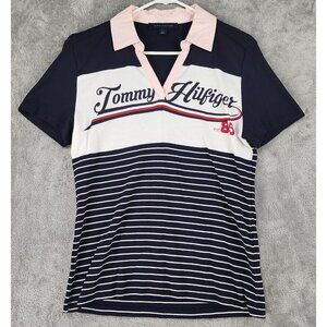 Tommy Hilfiger Polo Womens Large Striped Graphic T Preppy Pullover Short Sleeve